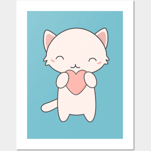 Kawaii Cute Cat With Heart T-Shirt Posters and Art